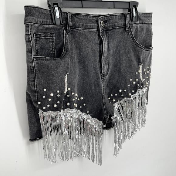 Black Stonewash Sequin Fringe Rhinestone Pearl Beads Shorts Sz XXL Stretch Denim - Picture 2 of 12